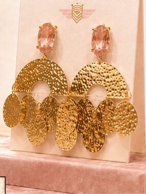 Pink Crystal & Gold Hammered Drop Earrings